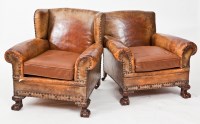 Lot 506 - PAIR OF CARVED MAHOGANY TAN LEATHER CLUB...