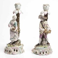 Lot 596 - PAIR OF GERMAN PORCELAIN FIGURAL CANDLESTICKS...
