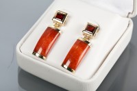 Lot 1296 - PAIR OF GARNET AND RED JADE DROP EARRINGS each...
