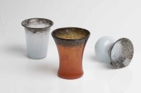 Lot 625 - THREE MONART GLASS VASES of tapering waisted...