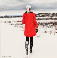 Lot 1937 - GERARD BURNS, RED COAT IN THE CITY oil on...