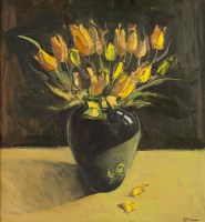 Lot 1984 - * DES GORMAN, YELLOW TULIPS oil on gesso,...