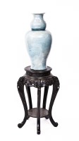 Lot 14 - LARGE CHINESE CERAMIC VASE ON CARVED WOOD...