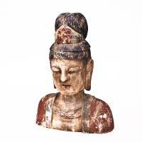 Lot 92 - LARGE WOODEN BUST OF BUDDHA in black and red,...