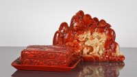 Lot 104 - CHINESE LACQUER LIDDED BOX AND TRAY the lid...