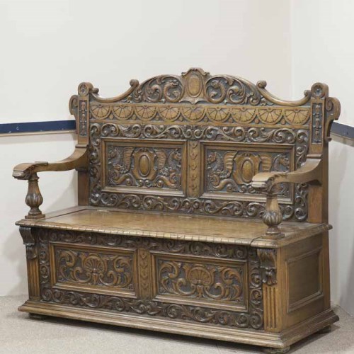 Lot 988 - VICTORIAN CARVED OAK BOX SEAT SETTLE the...