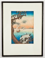 Lot 161 - JAPANESE WOODBLOCK PRINT of sailboats on water,...