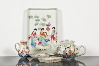 Lot 165 - CHINESE CERAMIC TEAPOT AND TRAY decorated with...