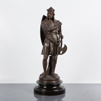 Lot 408 - TWO SPELTER FIGURES OF KNIGHTS on ebonised...