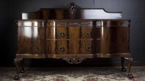 Lot 1034 - MAHOGANY SHAPED FRONT SIDEBOARD OF CHIPPENDALE...