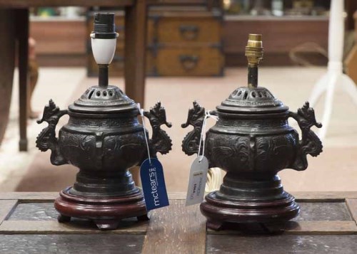 Lot 1062 - TWO CHINESE BRONZE CENSORS converted to lamps,...