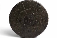 Lot 1180 - CIRCULAR SKIN COVERED TARGE with spiked...
