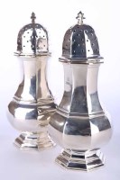 Lot 280 - PAIR OF LATE EDWARDIAN SILVER SUGAR CASTERS...