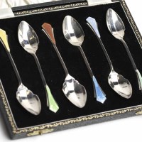 Lot 320A - SET OF SIX ART DECO STYLE ENAMELLED COFFEE...