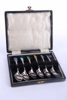 Lot 324 - SET OF SIX ART DECO SILVER AND ENAMEL COFFEE...