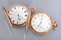 Lot 1048 - TWO GOLD PLATED FULL HUNTER POCKET WATCHES...