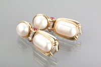 Lot 1107 - PAIR OF FOURTEEN CARAT GOLD PEARL, DIAMOND AND...