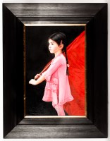 Lot 1816 - GERARD BURNS, GIRL WITH A RED FLAG oil on...