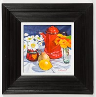 Lot 1950 - FRANK COLCLOUGH, RED COFFEE POT, FRUIT AND...