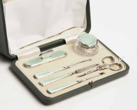 Lot 425 - ART DECO SILVER AND MINT GREEN GUILLOCHE...