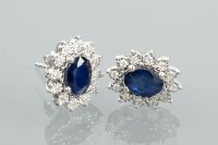 Lot 1365 - PAIR OF SAPPHIRE AND DIAMOND CLUSTER EARRINGS...