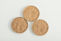 Lot 1073 - THREE HALF SOVEREIGNS DATED 1892