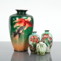 Lot 160A - FOUR JAPANESE ENAMEL VASES one vase with carp...