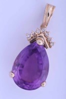 Lot 1883 - LARGE AMETHYST AND DIAMOND PENDANT the pear...