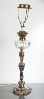 Lot 352 - TALL VICTORIAN SILVER PLATED OIL LAMP with...