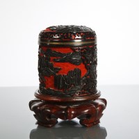 Lot 23 - CHINESE LACQUER TEA CANNISTER in black on red,...