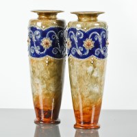 Lot 123 - PAIR OF ROYAL DOULTON STONEWARE VASES of high...