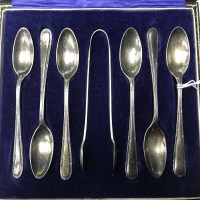 Lot 54 - SET OF SIX SILVER COFFEE SPOONS AND TONGS...