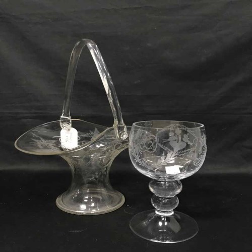 Lot 132 - LOT OF ETCHED GLASS including a wedding basket,...