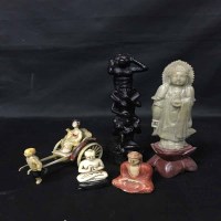 Lot 415 - CHINESE SOAPSTONE FIGURE OF A DEITY along with...