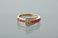 Lot 1151 - RUBY AND DIAMOND BELT MOTIF RING with channel...