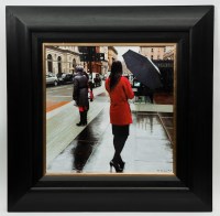 Lot 1730A - GERARD BURNS, RED COAT IN THE CITY oil on...