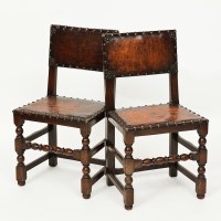 Lot 225 - SET OF SIX OAK DINING CHAIRS with brown...