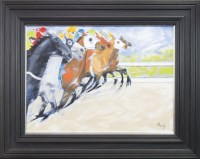 Lot 130 - ROWENA LAING, THEY'RE OFF! oil on panel,...