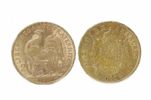 Lot 516 - GOLD 20 FRANC COIN DATED 1866 along with...