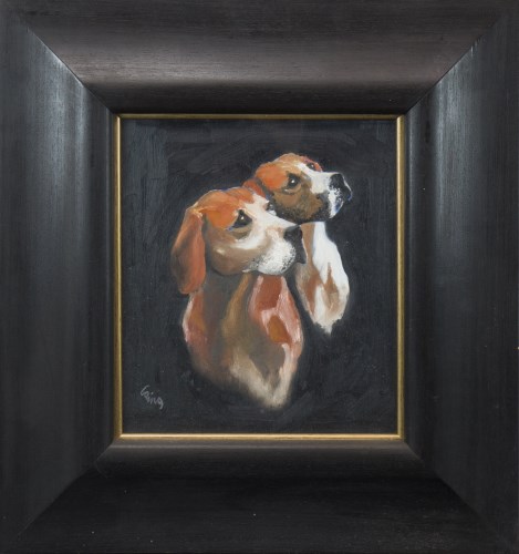 Lot 50 - ROWENA LAING, HOUNDS oil on panel, signed 25cm...