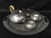 Lot 325 - PEWTER FOUR PIECE TEASET AND SERVING TRAY