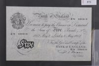 Lot 573 - BANK OF ENGLAND £5 FIVE POUNDS NOTE DATED 8TH...