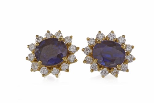 Lot 3 - PAIR OF SAPPHIRE AND DIAMOND CLUSTER EARRINGS...