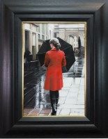 Lot 45 - GERARD BURNS, RED COAT IN THE CITY oil on...
