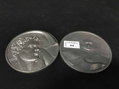 Lot 104 - TWO LARGE PEWTER MEDALLIONS showing Henry...