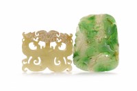 Lot 1055 - TWO CHINESE GREEN HARDSTONE CARVED AMULETS...