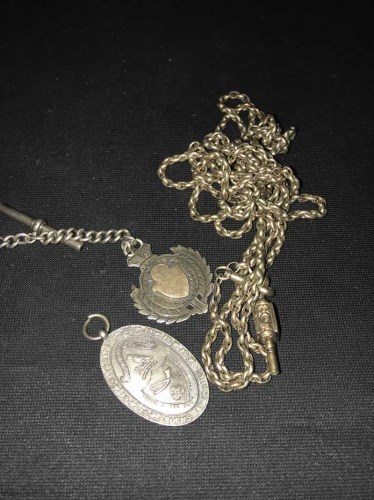 Lot 55 - STERLING SILVER ALBERT CHAIN with fob; along...