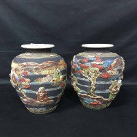Lot 297 - PAIR OF JAPANESE VASES and a wooden carving