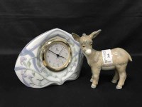 Lot 366 - FOUR CERAMIC ANIMALS and a Lladro clock