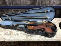 Lot 378 - TWO VIOLINS with several bows, in cases